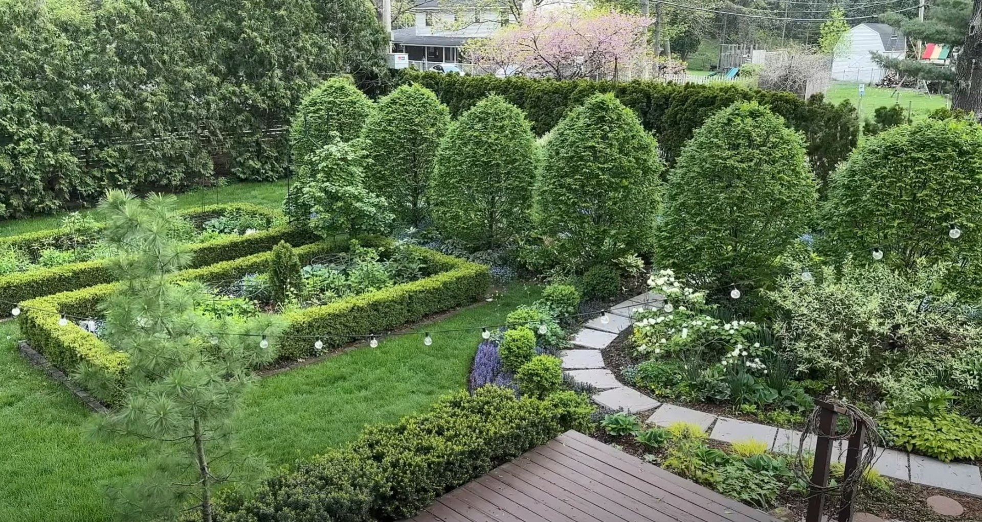 Aerial view of professionally maintained garden with geometric lawn patterns and structured landscape beds Aerial view of professionally maintained garden with geometric lawn patterns and structured landscape beds