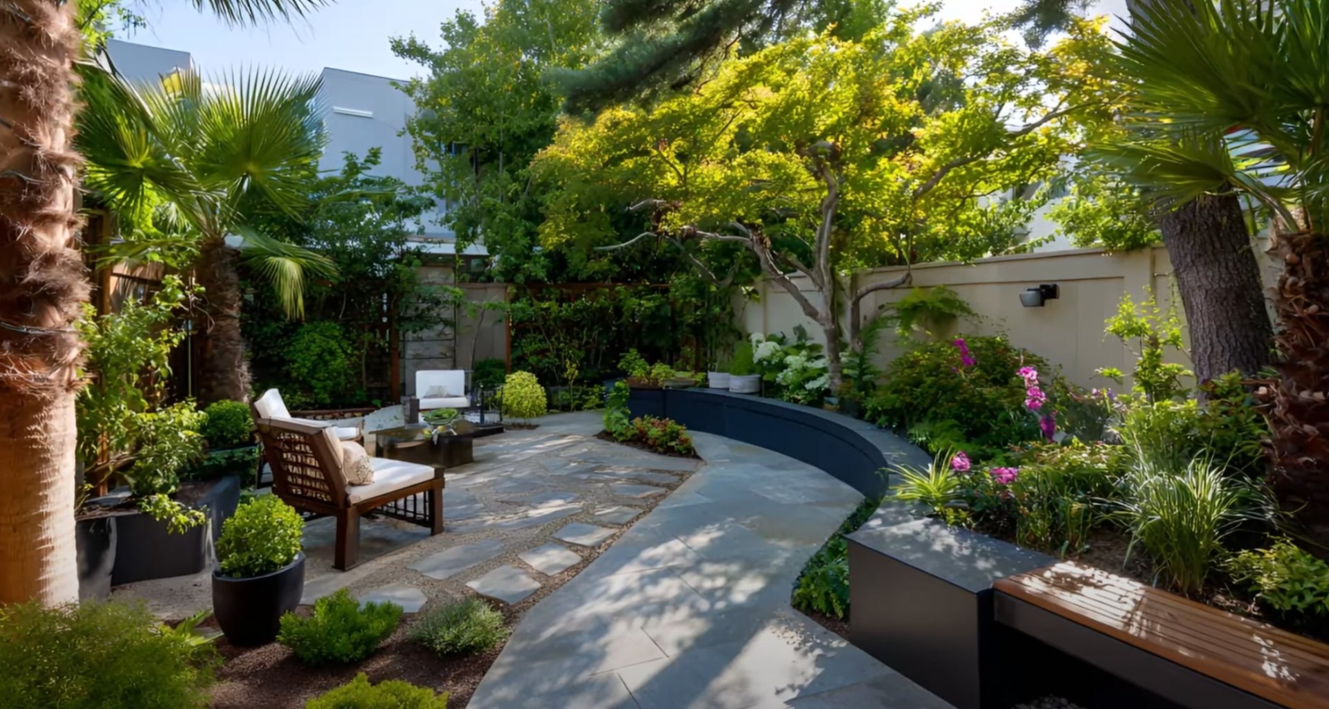Beautiful backyard landscape with curved pool area, professional hardscaping, and mature tropical plantings showcasing expert lawn care Beautiful backyard landscape with curved pool area, professional hardscaping, and mature tropical plantings showcasing expert lawn care